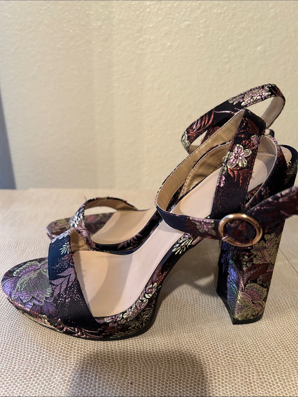 NWOT Floral Brocade Block Heel Sandals - Black/Purple